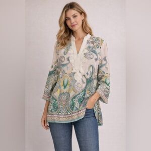 Charter Club Luxury 100% Linen Top Tunic Blouse XS paisley floral